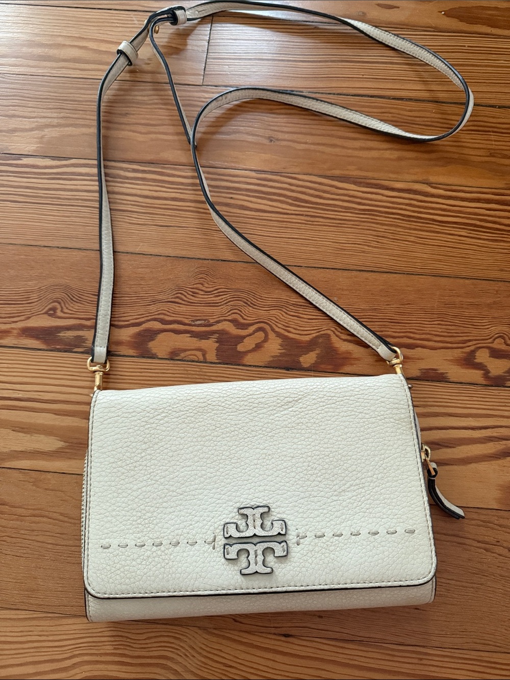 Tory Burch Off-White Pebbled Leather Crossbody with Logo